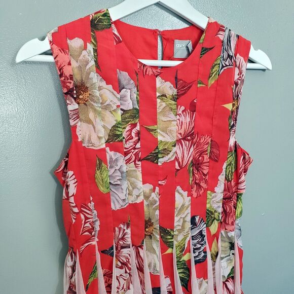 ASOS Dress Womens Petite Size 2 Red Floral Mesh Insert Fit and Flare Midi New - Picture 4 of 14